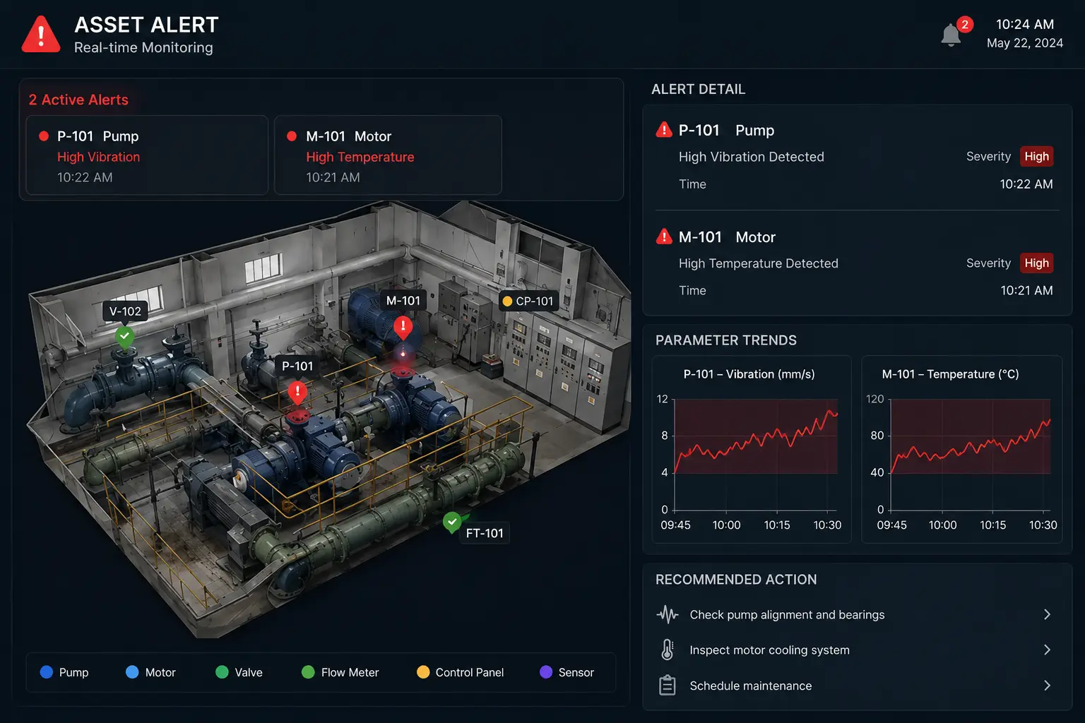 Digital twin dashboard showing real-time asset alerts, vibration and temperature trends, and recommended maintenance actions